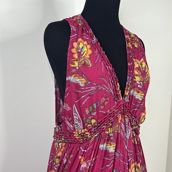 FREE PEOPLE Red Floral Hummingbird Print Ruffle Tiered Tunic Tank S - Picture 3 of 10
